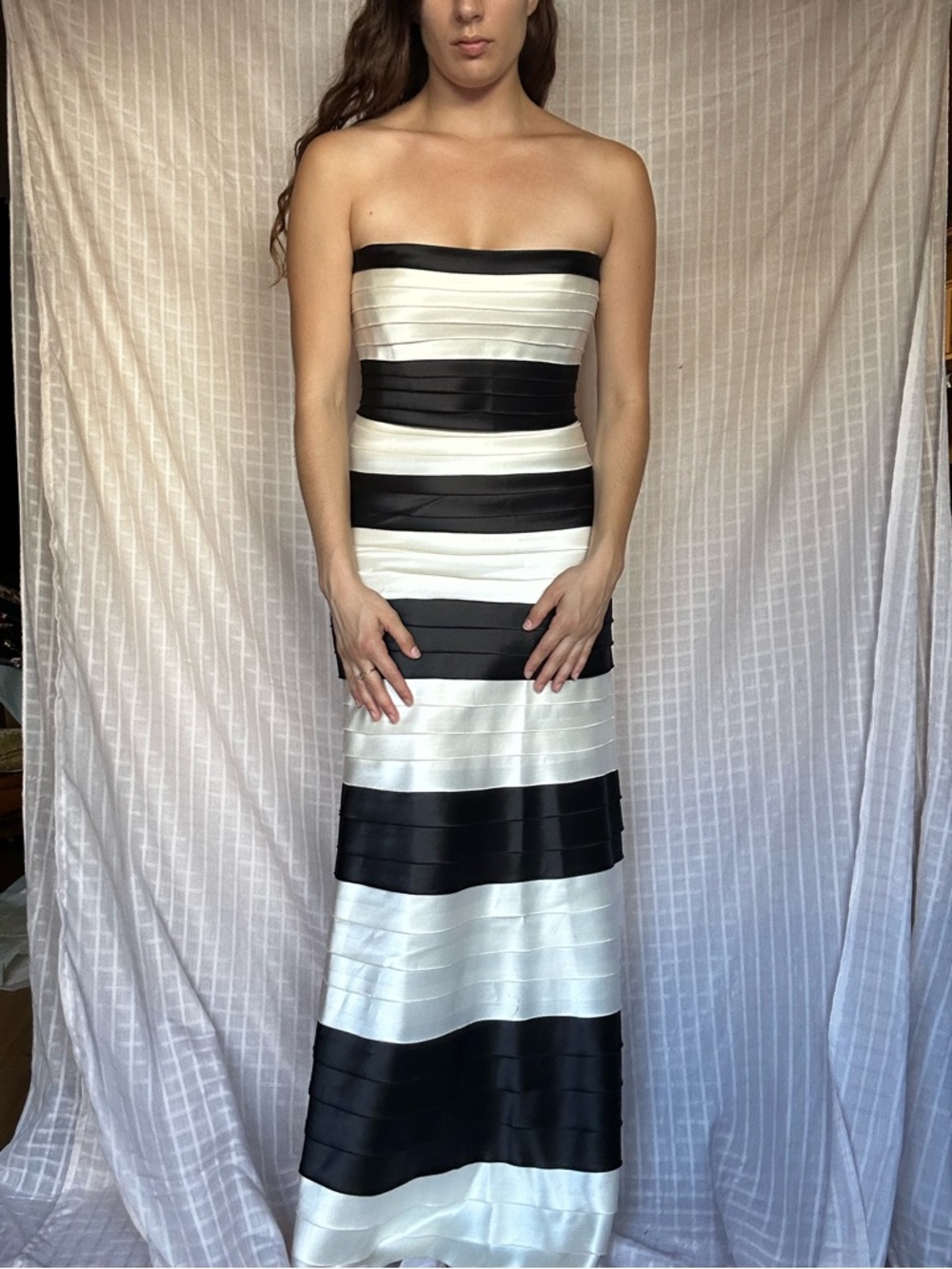 BCBGMaxAzria Black and White Strapless Tiered Maxi Dress - Picture 5 of 8